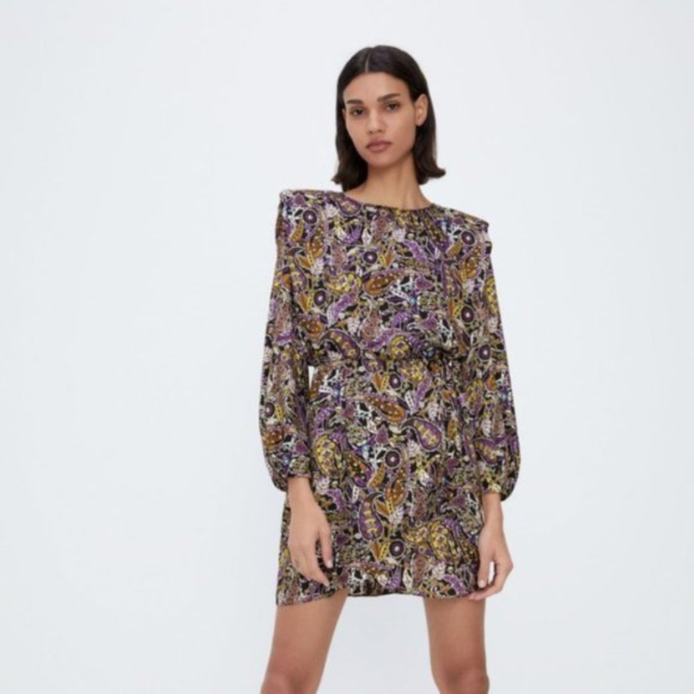 NWOT ZARA Printed Round Neck Back Opening Mini Dress
